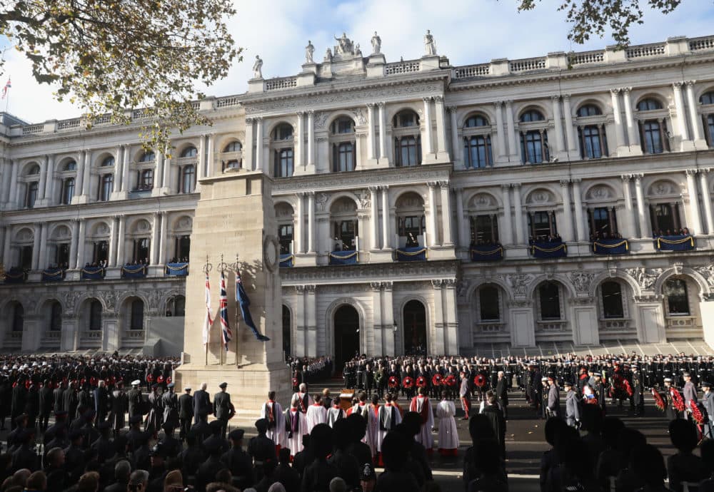 LONDON, ENGLAND - NOVEMBER 11: Prince Charles, Prince of Wales stands at The Cenotaph with German President Frank-Walter Steinmeier during the annual Remembrance Sunday memorial at the Cenotaph on Whitehall on November 11, 2018 in London, England. The armistice ending the First World War between the Allies and Germany was signed at Compiègne, France on eleventh hour of the eleventh day of the eleventh month - 11am on the 11th November 1918. This day is commemorated as Remembrance Day with special attention being paid for this year?s centenary. (Photo by Jack Taylor/Getty Images)