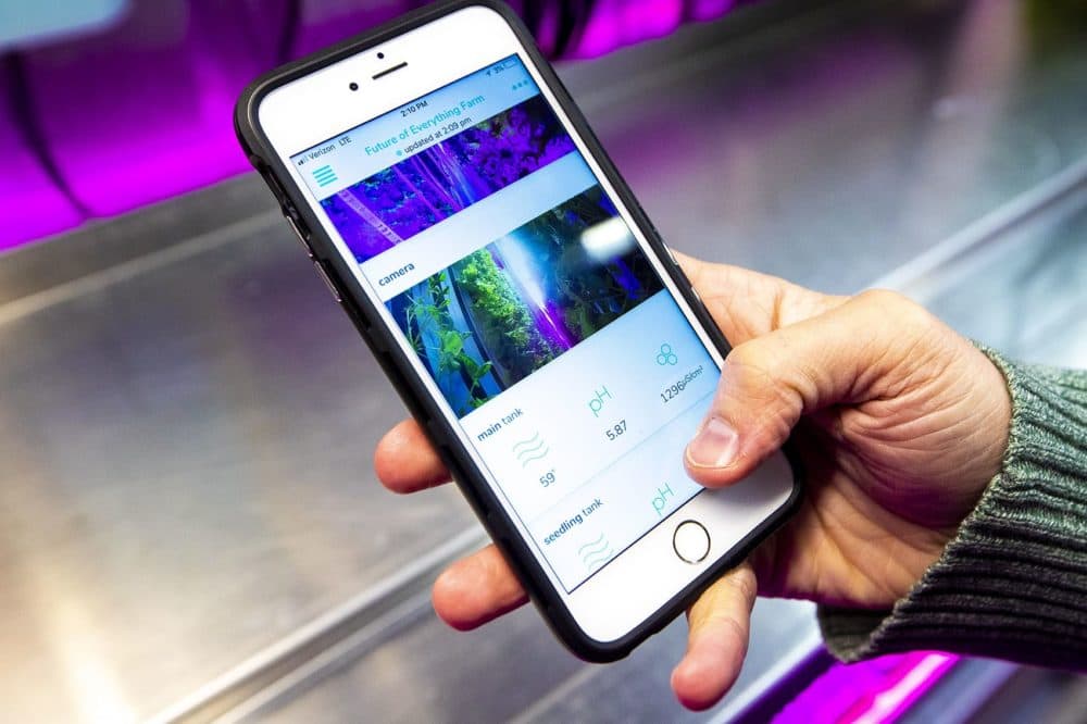 The "farmhand" app allows farmers to monitor and manage their farm from their phone. (Jesse Costa/WBUR)