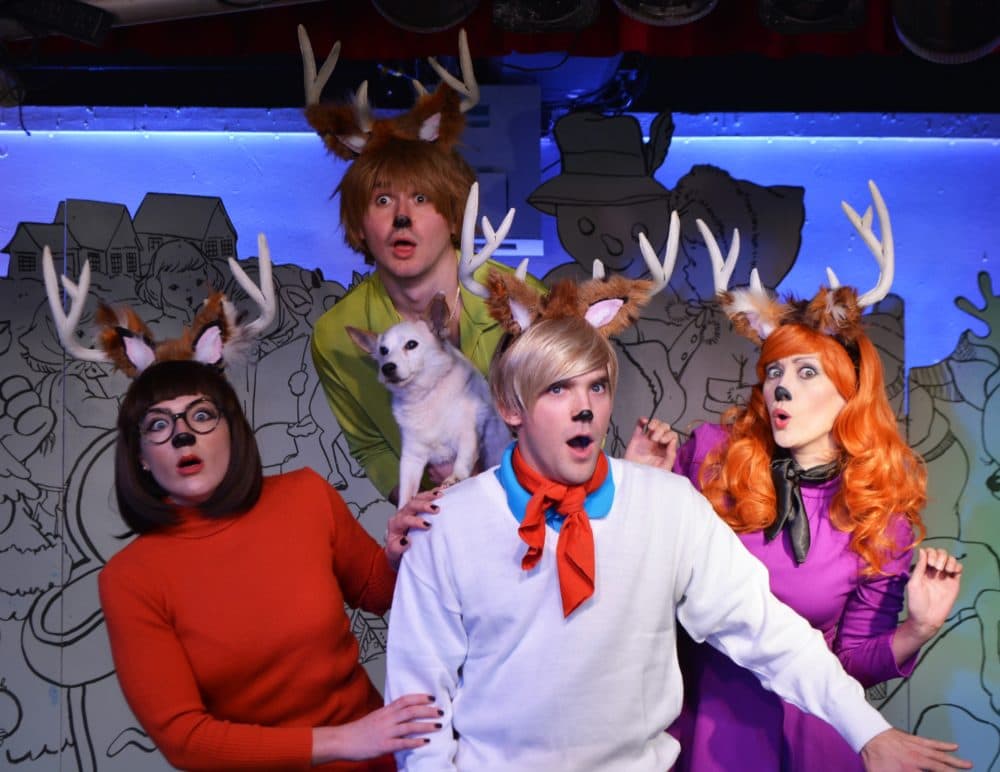 Clockwise from top: Samuel Thornhill as Blitz Blitzen, Taryn Lane as Dani Dancer, Jeff Blanchette as Chris Comet, and Kiki Samko as Clair Cupid in "A Nightmare on Elf Street". (Courtesy Michael von Redlich)