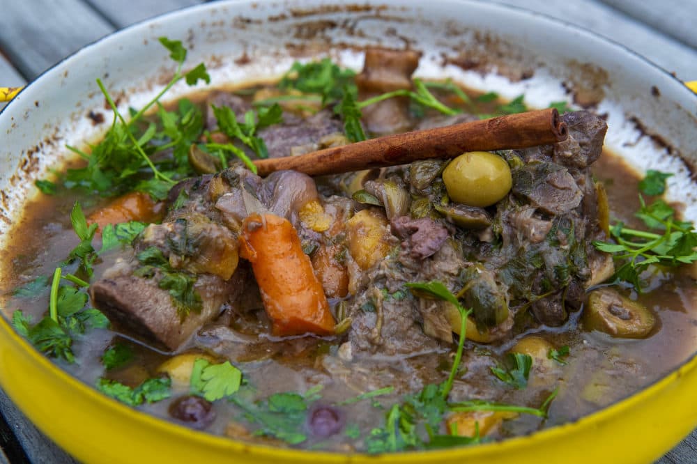 Braised lamb shanks with cinnamon, leeks and carrots, from chef Kathy Gunst. (Jesse Costa/WBUR)
