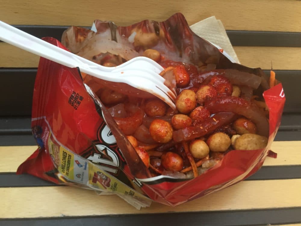 The typical presentation of Dorilocos found in Mexico City, using the bag of Doritos as a bowl. (Rodrigo Cervantes/KJZZ)