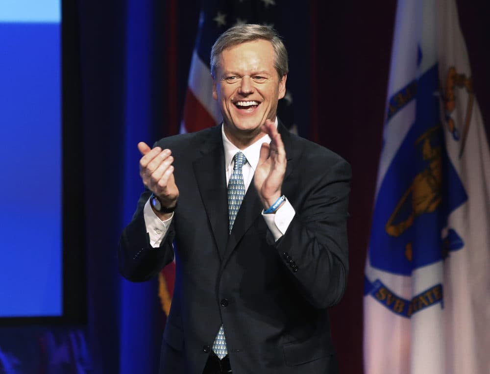 Republican Gov. Charlie Baker celebrates with supporters during an election night rally Tuesday, Nov. 6, 2018, in Boston. (Winslow Townson/AP)
