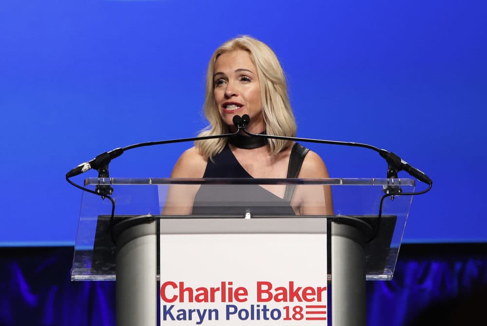 Kirsten Hughes, chair of the Massachusetts Republican Party, speaks during an election night rally celebrating the reelection of Republican Gov. Charlie Baker on Nov. 6 in Boston. (Winslow Townson/AP)