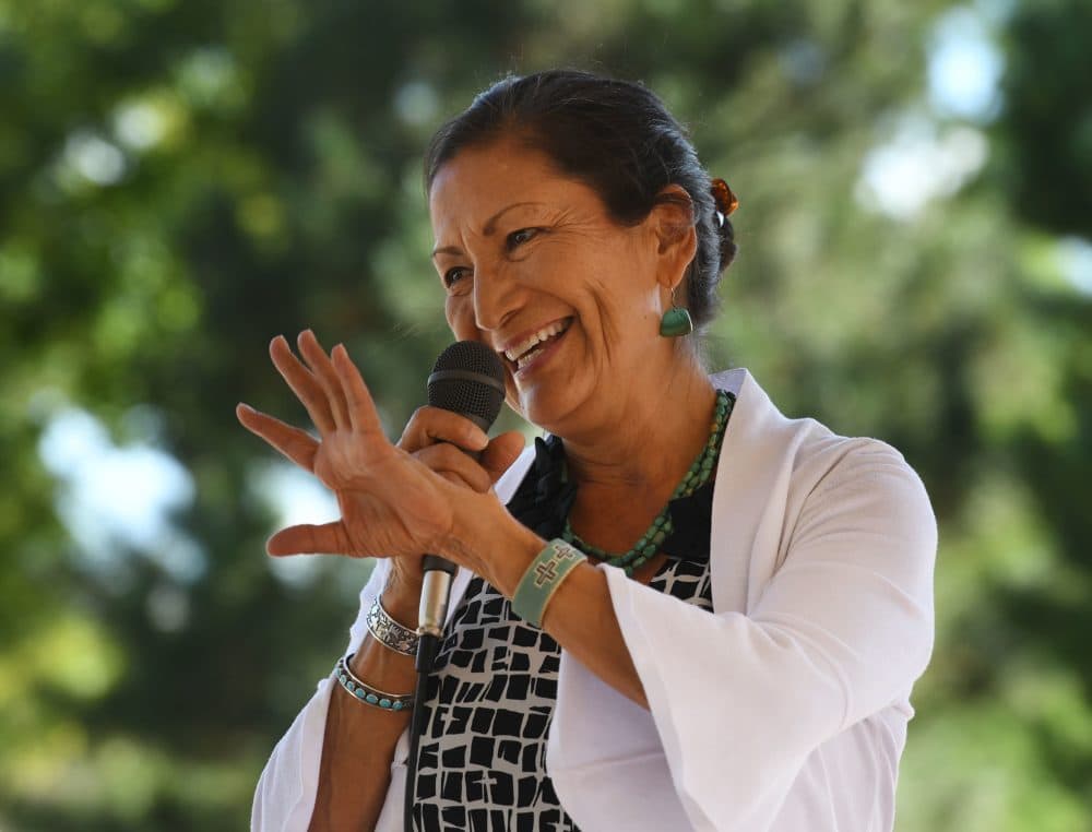 Native American Deb Haaland, who made history this week when she won the House seat in New Mexico's 1st Congressional District, speaks in Albuquerque, N.M., on Oct. 1, 2018. (Mark Ralston/AFP/Getty Images)