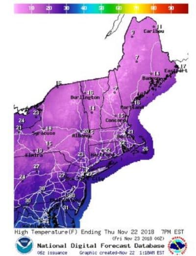 A map of Thursday's temperatures in New England. (National Meteorological Service)