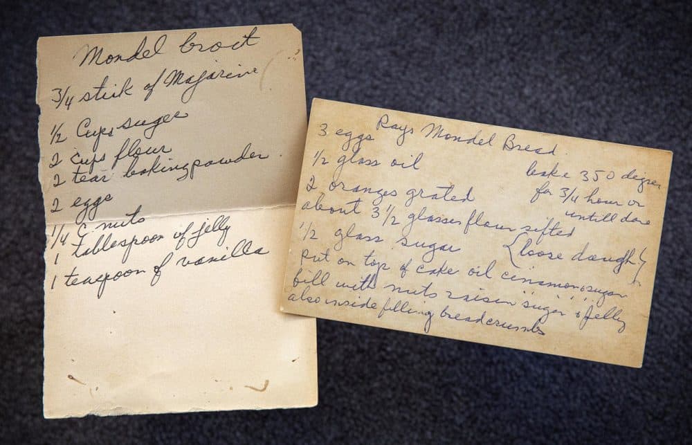Two recipes for mandelbroit, or mandel bread, a traditional Jewish cookie similar to biscotti, from Here & Now editor Eileen Bolinsky's grandma Sarah. (Robin Lubbock/WBUR)