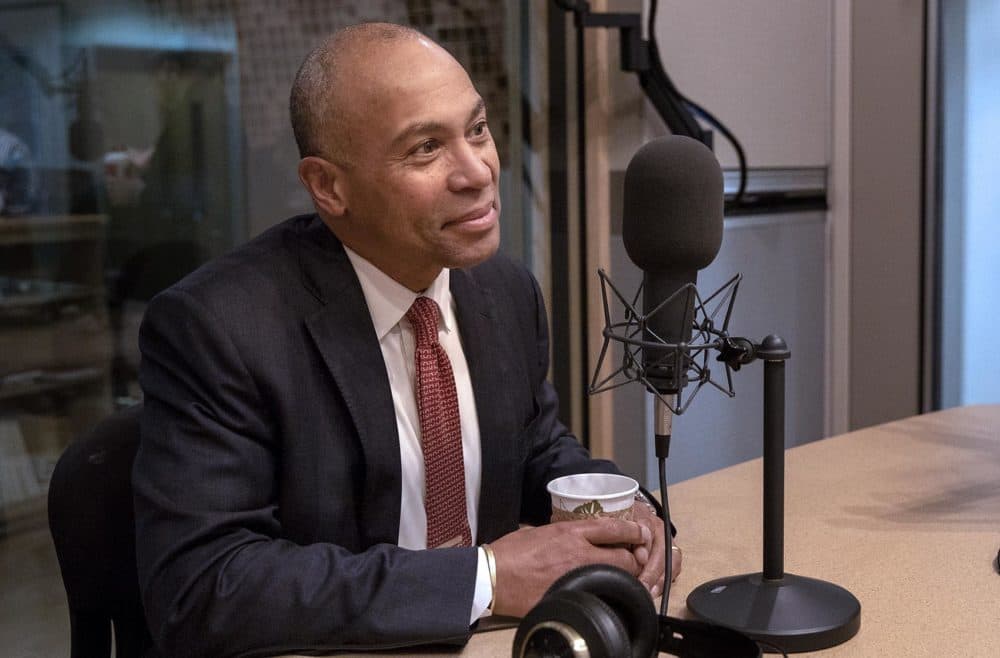 Former Massachusetts Gov. Deval Patrick talks with Bob Oakes at WBUR. (Robin Lubbock/WBUR)