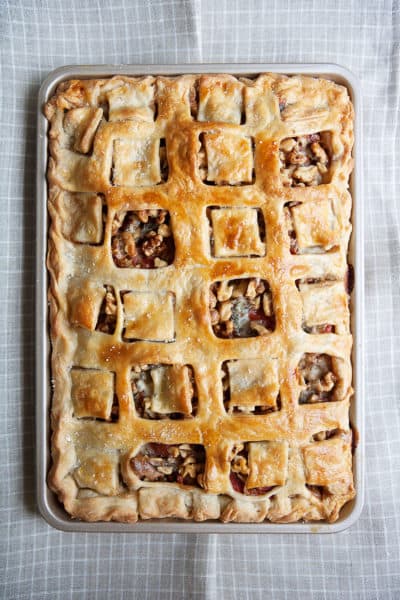 Cathy Barrow's spinach, gorgonzola and walnut slab pie with a cream cheese crust, from "Pie Squared: Irresistibly Easy Sweet & Savory Slab Pies." (Courtesy of Christopher Hirsheimer)