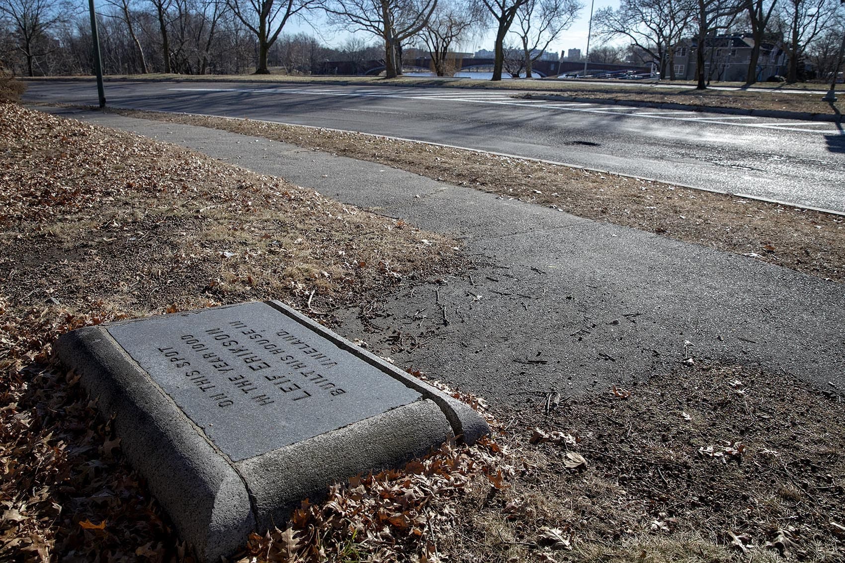 The Leif Erikson plaque, by the Mount Auburn Hospital in Cambridge (Robin Lubbock/WBUR)