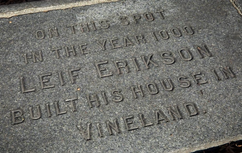 The plaque near the Charles reads “On this spot in the year 1000 Leif Erikson built his house in Vineland.” (Robin Lubbock/WBUR)