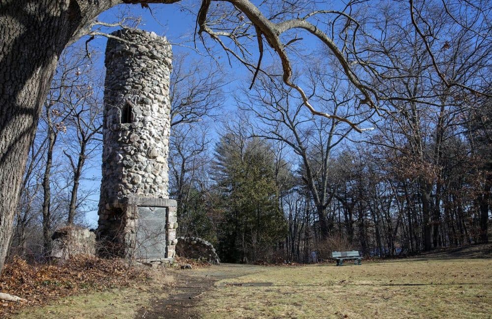 Seen here is Norumbega Tower, on Norumbega Road in Weston, which mentions the Charles River, “discovered by Leif Erikson, 1000 A.D.” (Robin Lubbock/WBUR)