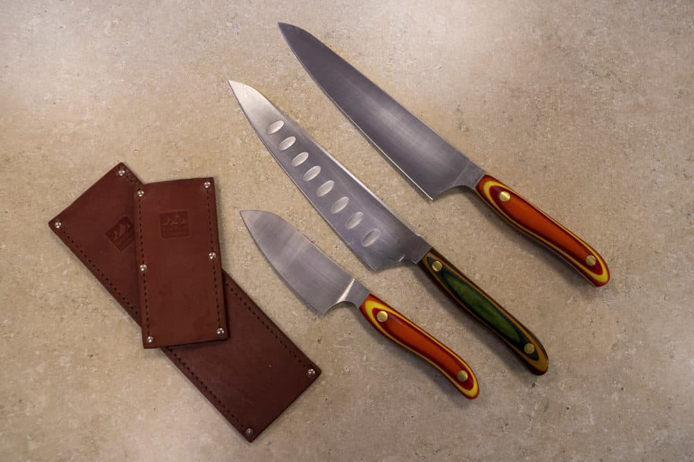 Chef Kathy Gunst loves these kitchen knives from New West Knife Works. (Jesse Costa/WBUR)