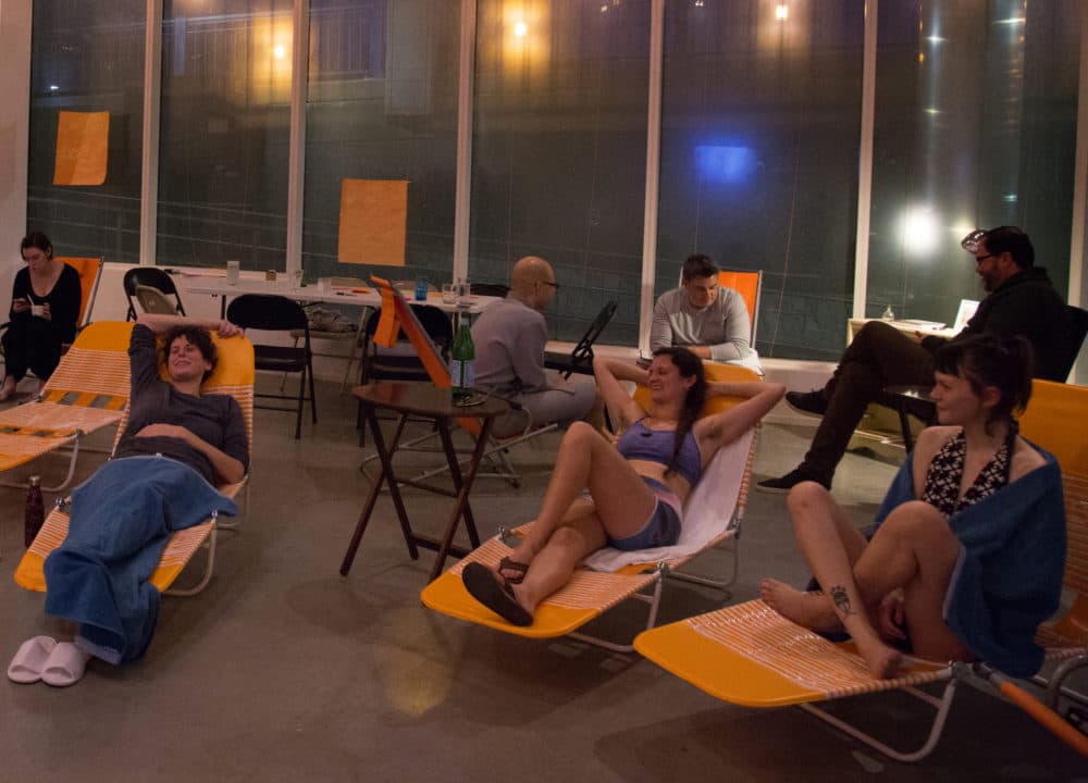 Participants sit inside "Sweat It Out's" lounge space. (Courtesy Lani Asuncion)