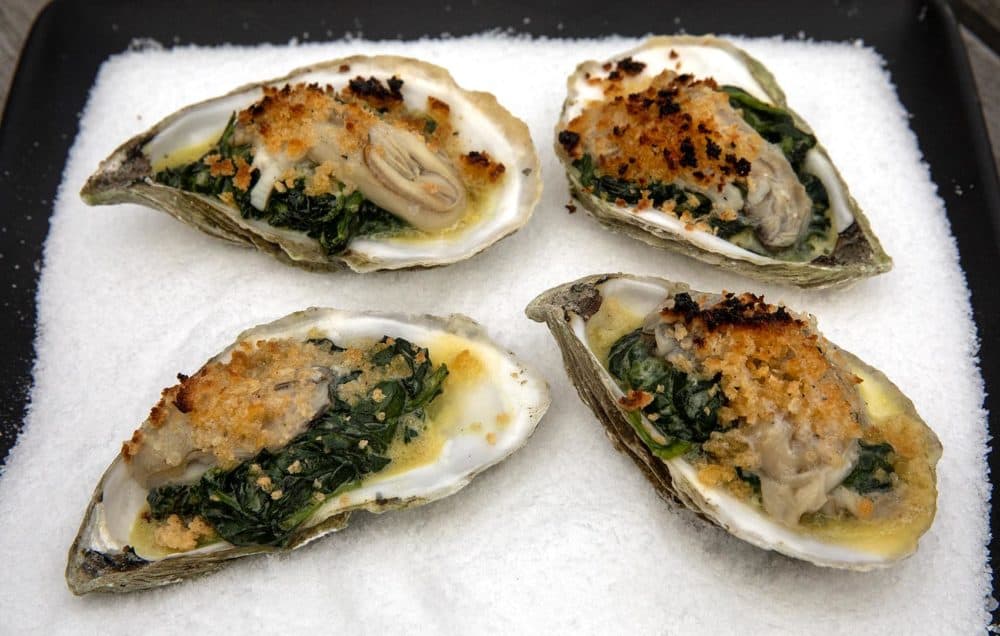 Oysters with creamed spinach and Parmesan-panko crust, by chef Kathy Gunst. (Robin Lubbock/WBUR)