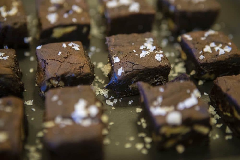 Best cocoa brownies, by Alice Medrich, from the book "Food52 Genius Desserts." (Jesse Costa/WBUR)