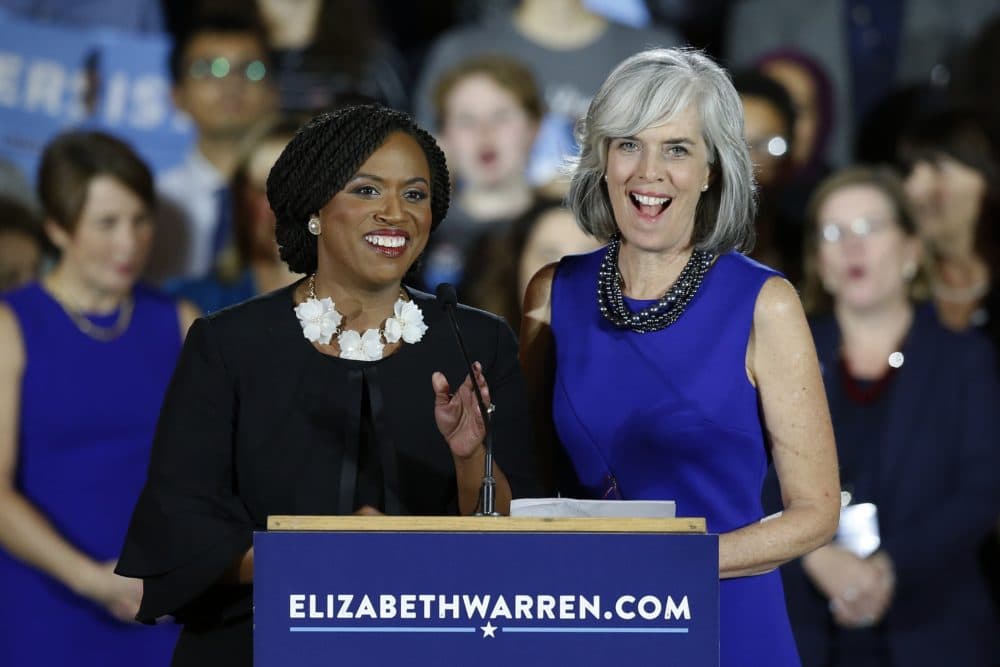 Congresswoman-elect Ayanna Pressley, D-Mass., left, stands with U.S. Rep. Katherine Clark, D-Mass., during an election night watch party in Boston, Tuesday, Nov. 6, 2018. (Michael Dwyer/AP)