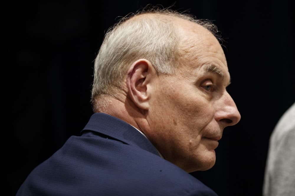 White House Chief of Staff John Kelly looks on as President Donald Trump and first lady Melania Trump visit with Marines at Marine Barracks Washington, Thursday, Nov. 15, 2018, in Washington. (Evan Vucci/AP)