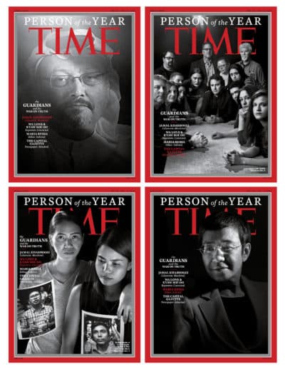 This combination photo provided by Time Magazine shows their four covers for the "Person of the Year" -- Jamal Khashoggi, top left, members of the Capital Gazette newspaper, of Annapolis, Md., top right, Wa Lone and Kyaw Soe Oo, bottom left, and Maria Ressa. (Time Magazine via AP)