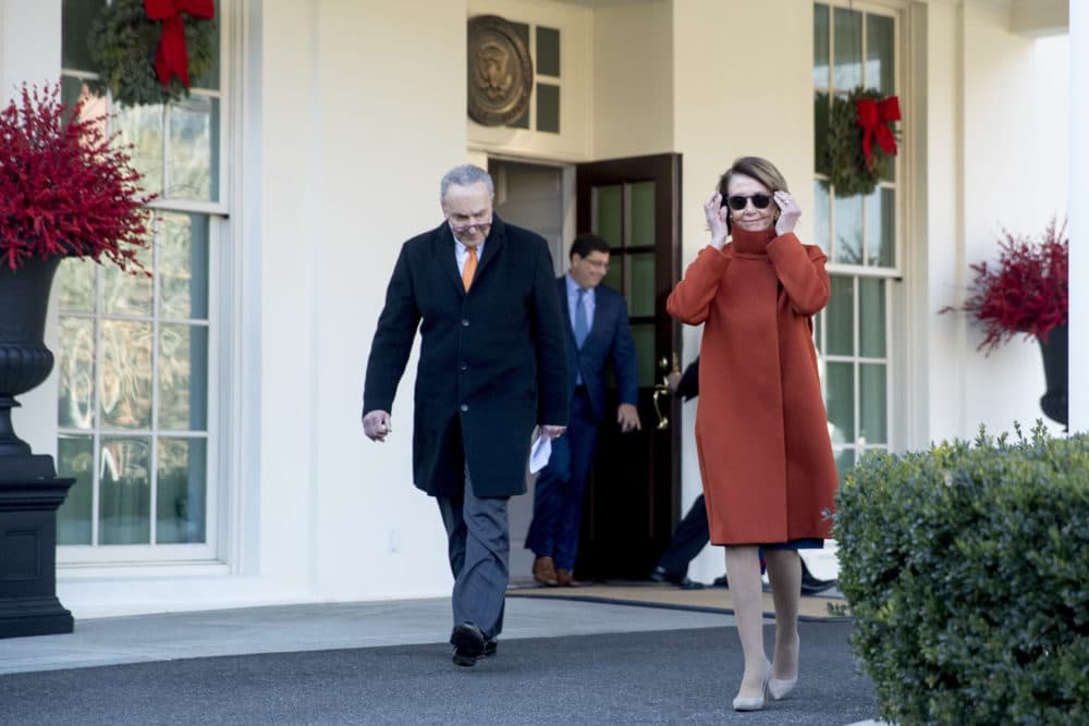 House Minority Leader Nancy Pelosi of Calif., right, and Senate Minority Leader Sen. Chuck Schumer of N.Y., left, walk out of the West Wing to speak to members of the media outside of the White House in Washington, Tuesday, Dec. 11, 2018, following a meeting with President Donald Trump. (Andrew Harnik/AP)