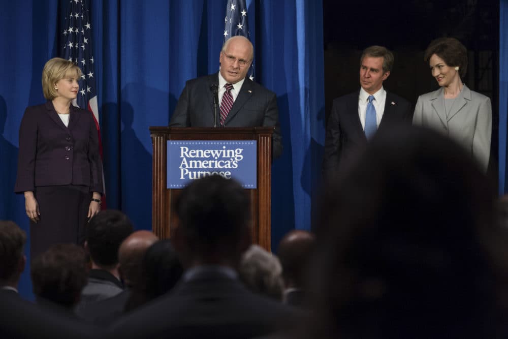 Amy Adams as Lynne Cheney, Christian Bale as Dick Cheney, Sam Rockwell as George W. Bush, and Andrea Wright as Laura Busch in "Vice." (Courtesy Matt Kennedy/Annapurna Pictures)