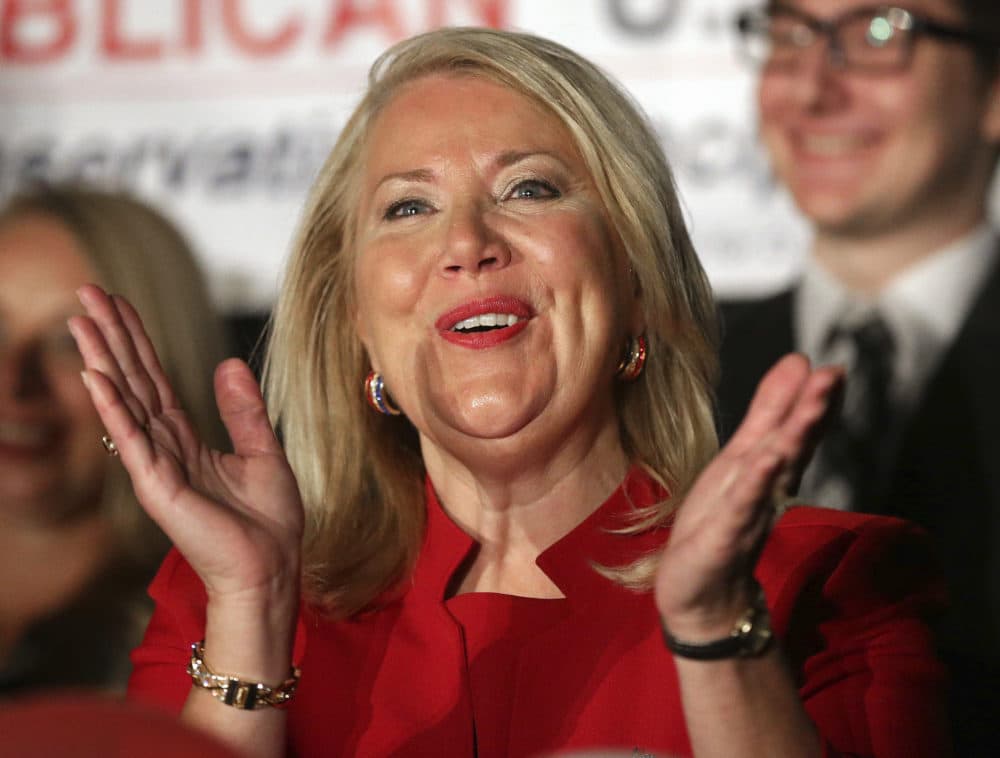 Republican U.S. Congressional candidate Debbie Lesko celebrates her win at her home Tuesday, April 24, 2018, in Peoria, Ariz. (Matt York/AP)