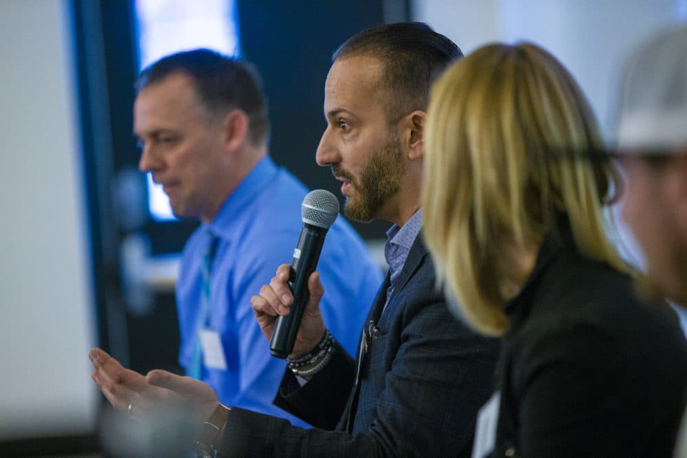 Domenic Esposito, the artist who created the giant spoon, spoke on one of the panels during the conference. (Jesse Costa/WBUR)