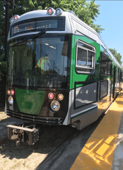 A view of a "Type 9 LRT" car being tested on the Green Line last year. (Courtesy MBTA)