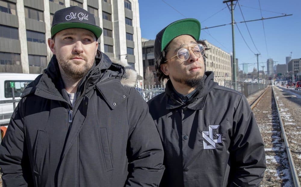 Producer Janos “The Arcitype” Fulop and rapper Moe Pope from the Boston band STL GLD. (Robin Lubbock/WBUR)