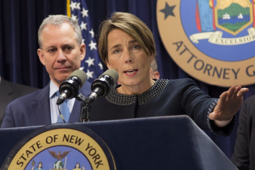 Massachusetts Attorney General Maura Healey and former New York Attorney General Eric Schneiderman (Mark Lennihan/AP)