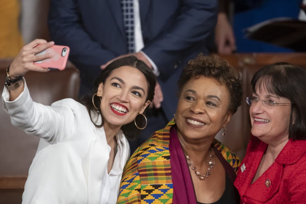 Rep.-elect Alexandria Ocasio-Cortez, a freshman Democrat representing New York's 14th Congressional District, takes a selfie with Rep. Ann McLane Kuster, D-NH, and Rep. Barbara Lee, D-Calif., on the first day of the 116th Congress with Democrats holding the majority, at the Capitol in Washington, Thursday, Jan. 3, 2019. (J. Scott Applewhite/AP)