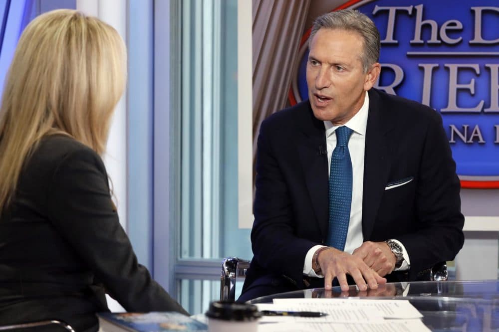 Former Starbucks CEO Howard Schultz is interviewed by FOX News Anchor Dana Perino for her "The Daily Briefing" program, in New York, Wednesday, Jan. 30, 2019. Schultz said he's flirting with an independent presidential campaign that would motivate voters turned off by both parties. (Richard Drew/AP)