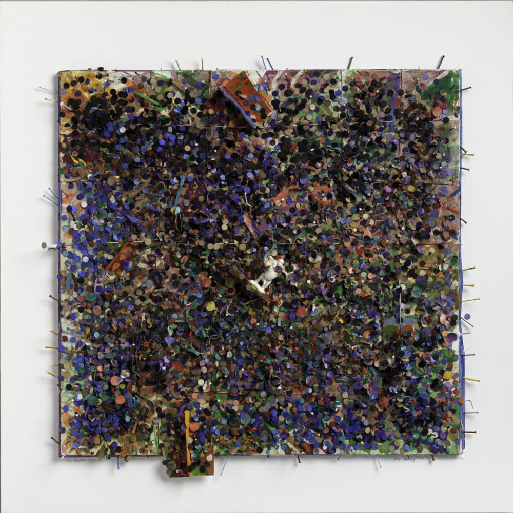 Howardena Pindell's "Memory Test: Free, White & Plastic (#114)," made in 1979-'80 out of cut and pasted and painted punched paper, acrylic, watercolor, gouache, ink, thread, nails, mat board, spray adhesive and plastic on cardboard. (Courtesy Metropolitan Museum of Art, New York, Arthur Hoppock Hearn Fund, The Metropolitan Museum of Art)