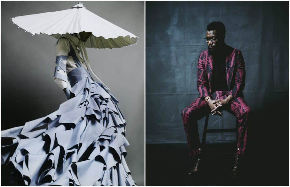 Alessandro Trincone's "Annodami" and a suit from the Born Between Borders collection. (Courtesy MFA)