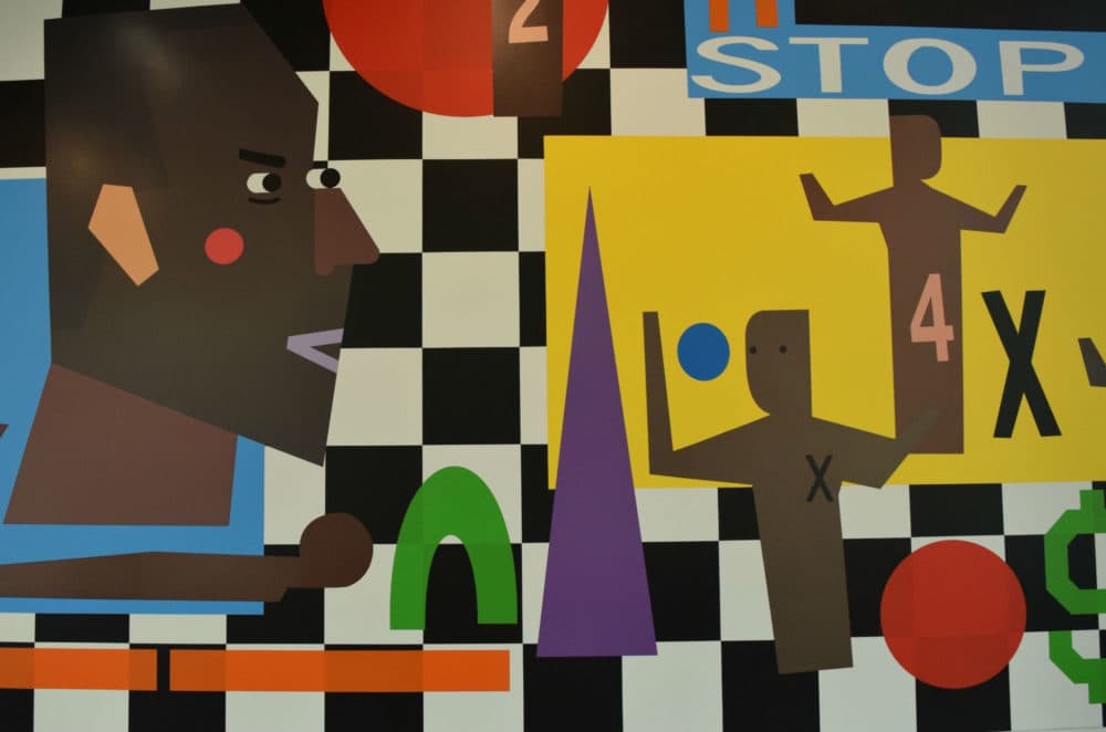 A closeup of part of "Nina Chanel Abney" installed in the ICA's lobby. (Pien Huang for WBUR)