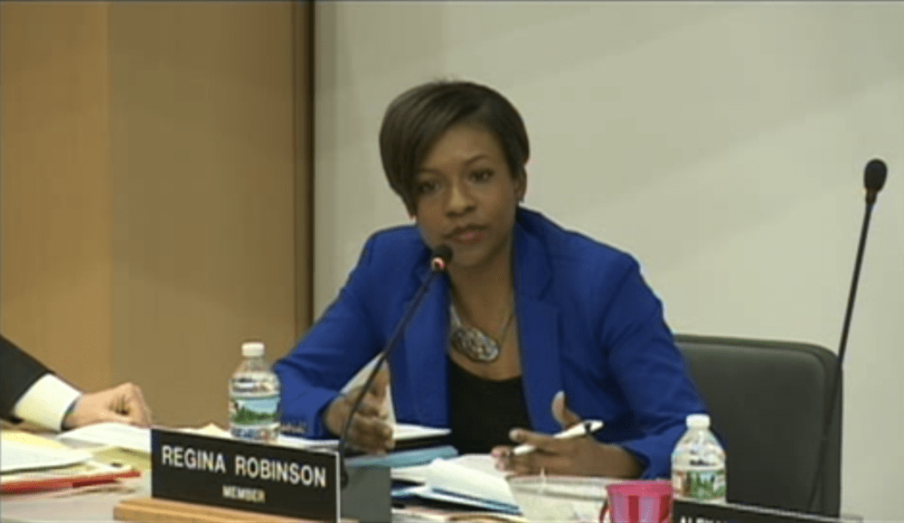 Dean Regina Robinson at a 2016 meeting of the Boston School Committee. (Courtesy Boston City TV)