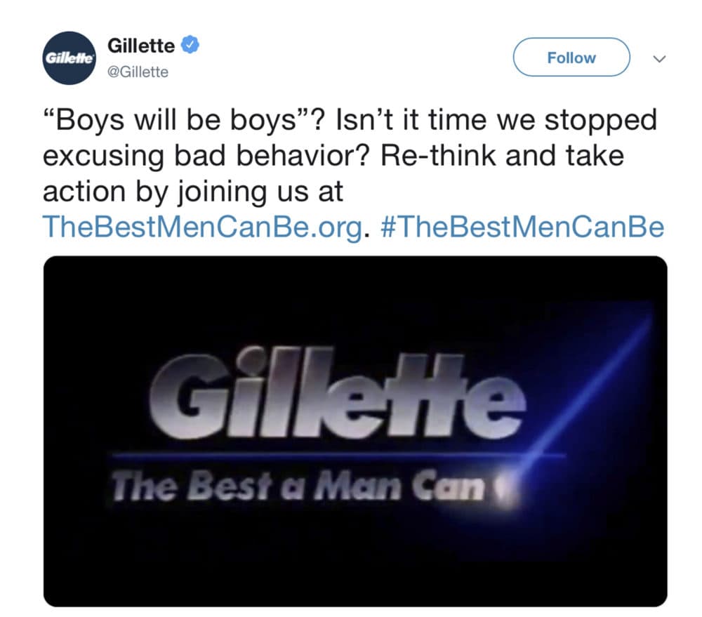 This image from Gillette's Twitter account shows a Gillette advertisement. The ad for men invoking the #MeToo movement is sparking online backlash, with some saying it talks down to men and calling for a boycott. Gillette says it doesn’t mind sparking a discussion, and since it debuted Monday, Jan. 14, 2019, the online-only ad has garnered millions of views on YouTube, a level of buzz and chatter that any brand would covet. (Gillette via AP)