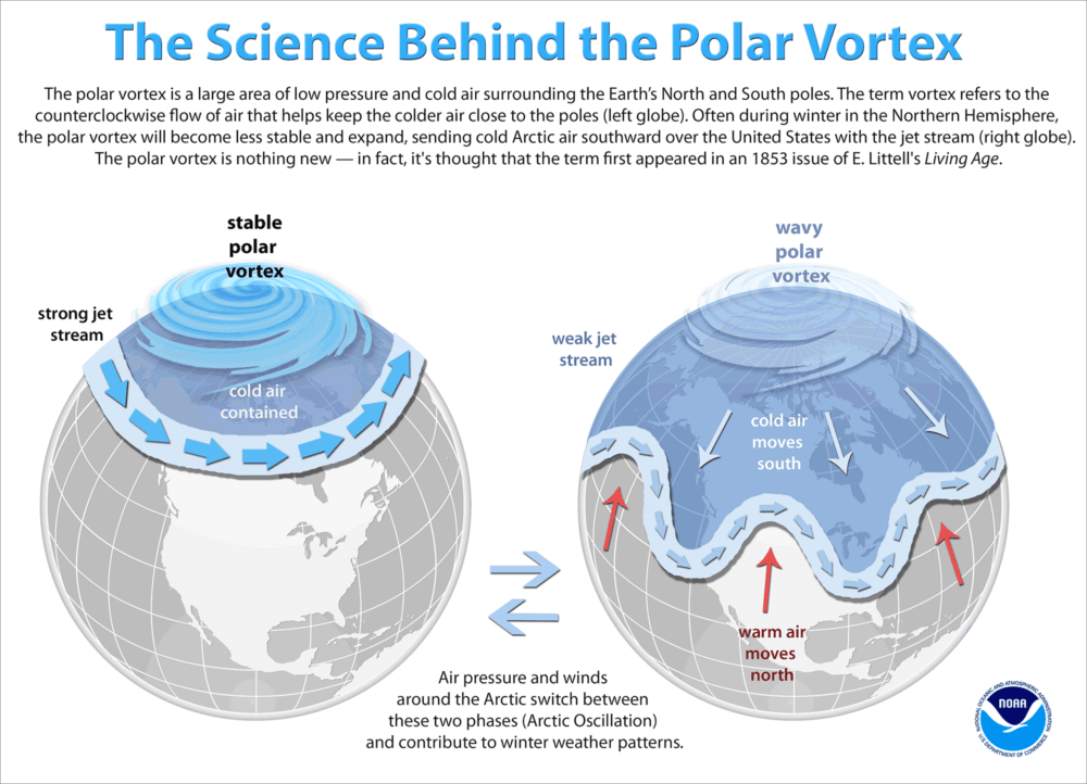 The polar vortex changes periodically, allowing very cold air to move south. (Courtesy of NOAA)