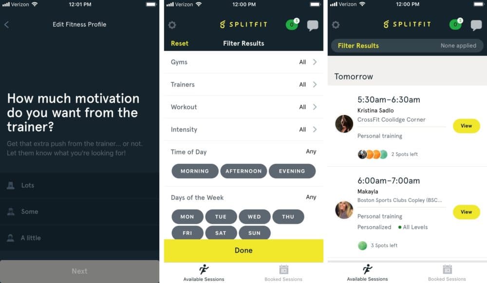 Screenshots from the SplitFit app