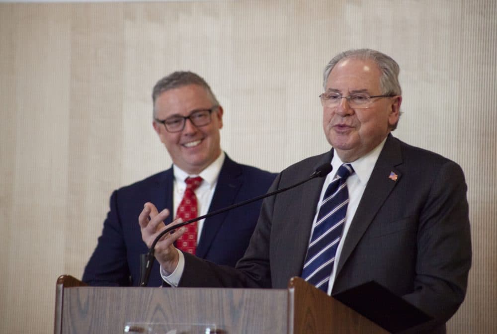 Massachusetts House Speaker Robert DeLeo announces a plan for a $1 billion environmental grant program Friday in Somerville, accompanied by House Telecommunications, Utilities and Energy Chairman Thomas Golden. (Chris Lisinski/SHNS)