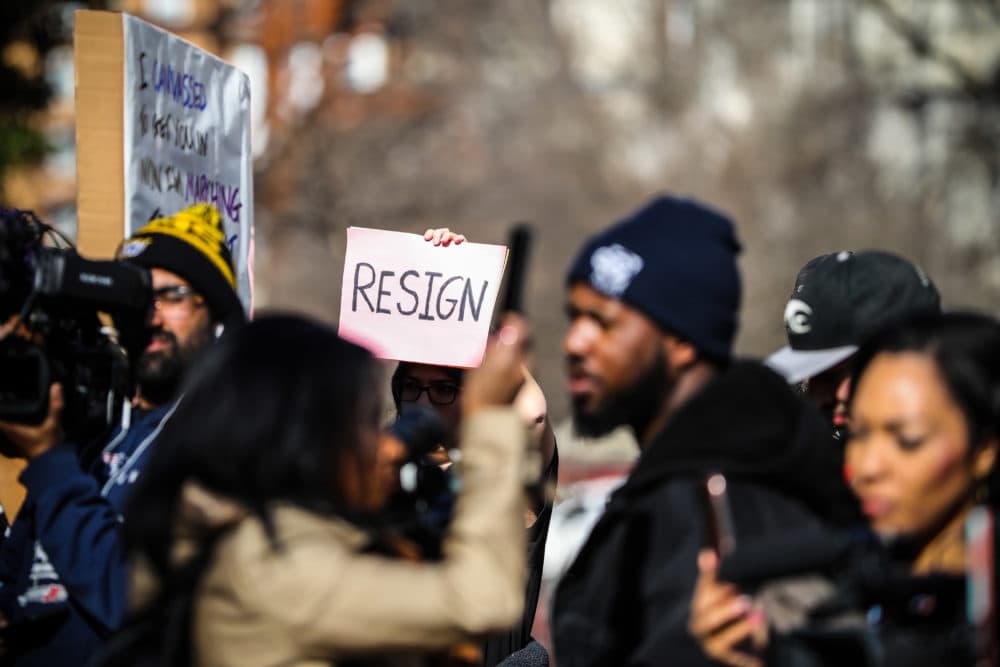 Protesters rally against Virginia Gov. Ralph Northam outside of the governor's mansion in downtown Richmond, Va., on Feb. 4, 2019. (Logan Cyrus/AFP/Getty Images)