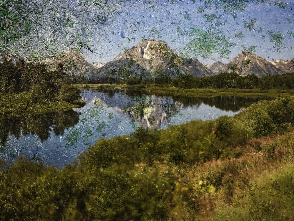 Abelardo Morell's tent-camera image on the ground, titled "View of Mount Moran and the Snake River from Oxbow Bend, Grand Teton National Park, Wyoming." (Courtesy Museum of Fine Arts, Boston)