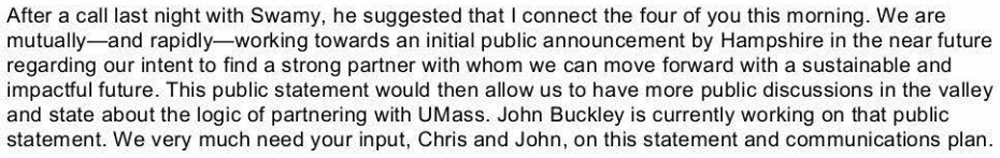 An excerpt from an email sent by Hampshire College President Miriam Nelson on Jan. 10 to public relations officials for UMass and Hampshire. (Screenshot via New England Public Radio)