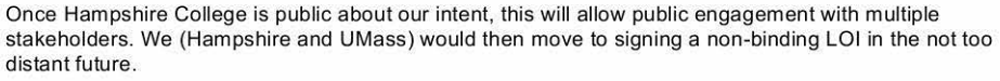 An excerpt from an email sent by Hampshire College President Miriam Nelson on Jan. 10 to public relations officials for UMass and Hampshire. (Screenshot via New England Public Radio)