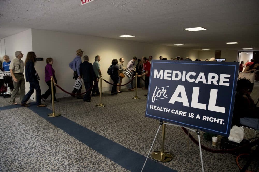 Supporters line up to get into a news conference held by Sen. Bernie Sanders, I-Vt., and other Democratic Senators on Capitol Hill in Washington, Sept. 13, 2017, to unveil their "Medicare-for-all" legislation to overhaul health care. (Andrew Harnik/AP)