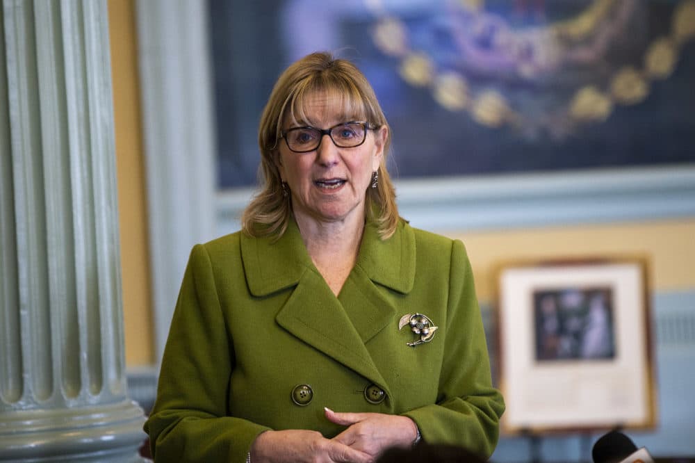 Senate President Karen Spilka spoke about the restoration project before the media tour of the newly-restored Senate chamber. (Jesse Costa/WBUR)