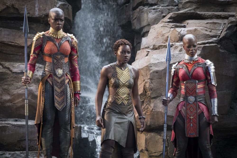 Danai Gurira, Lupita Nyong'o and Florence Kasumba in "Black Panther." (Matt Kennedy/Disney/Marvel Studios via AP)