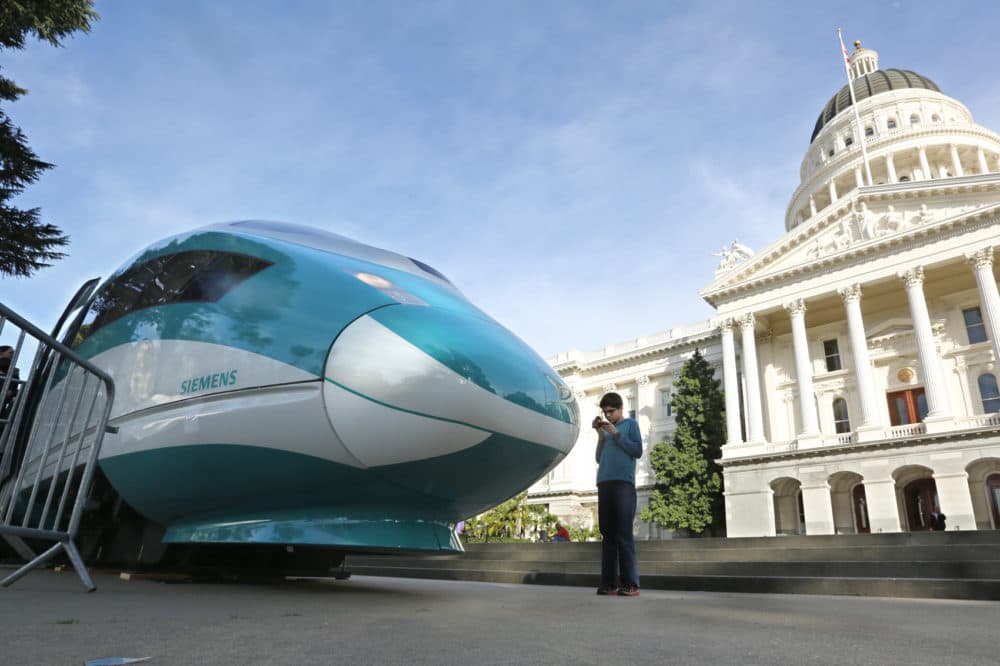 A full-scale mock-up of a high-speed train is displayed at the Capitol in Sacramento, Calif. (Rich Pedroncelli/AP)