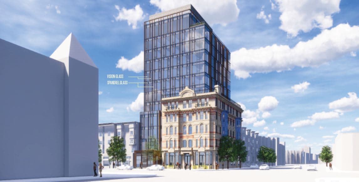 A rendering of developers' proposal for a multi-story hotel preserving the Hotel Alexandra facade, as seen from Massachusetts Avenue (Courtesy)