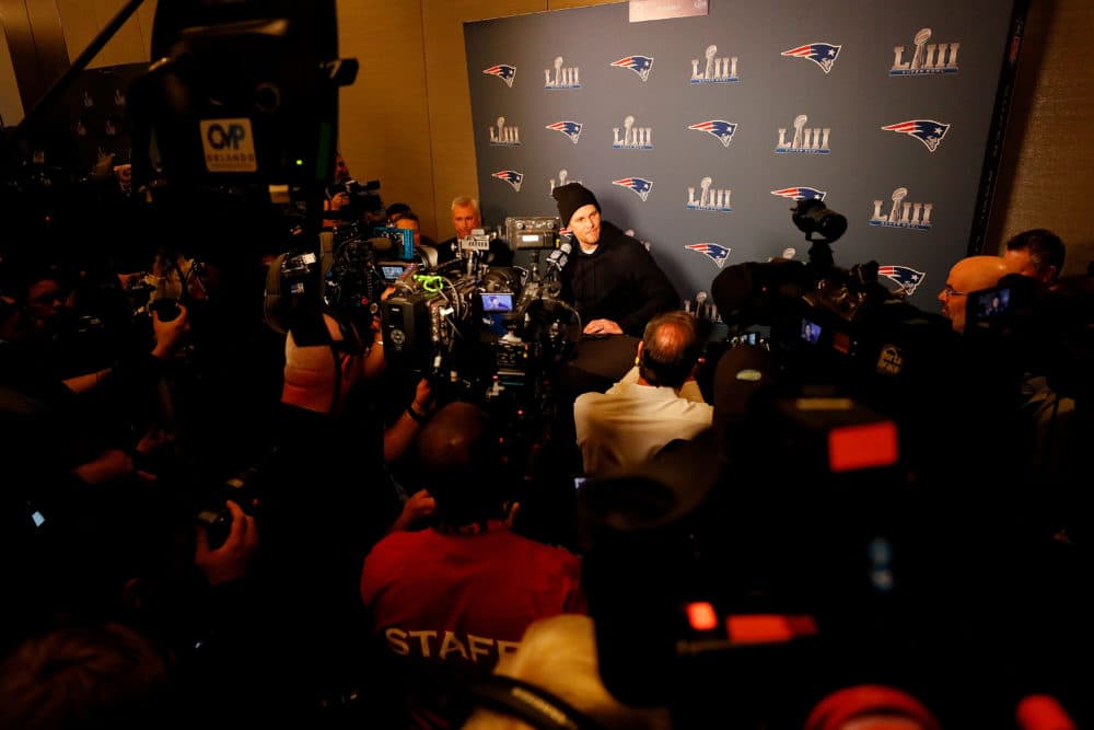 Tom Brady speaks to the media before Super Bowl LIII. (Kevin C.  Cox/Getty Images)
