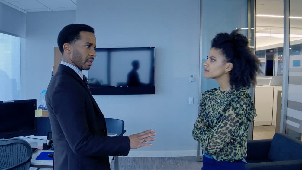 André Holland as Ray Burke and Zazie Beetz as Sam in "High Flying Bird," directed by Steven Soderbergh. (Courtesy Peter Andrews/Netflix)